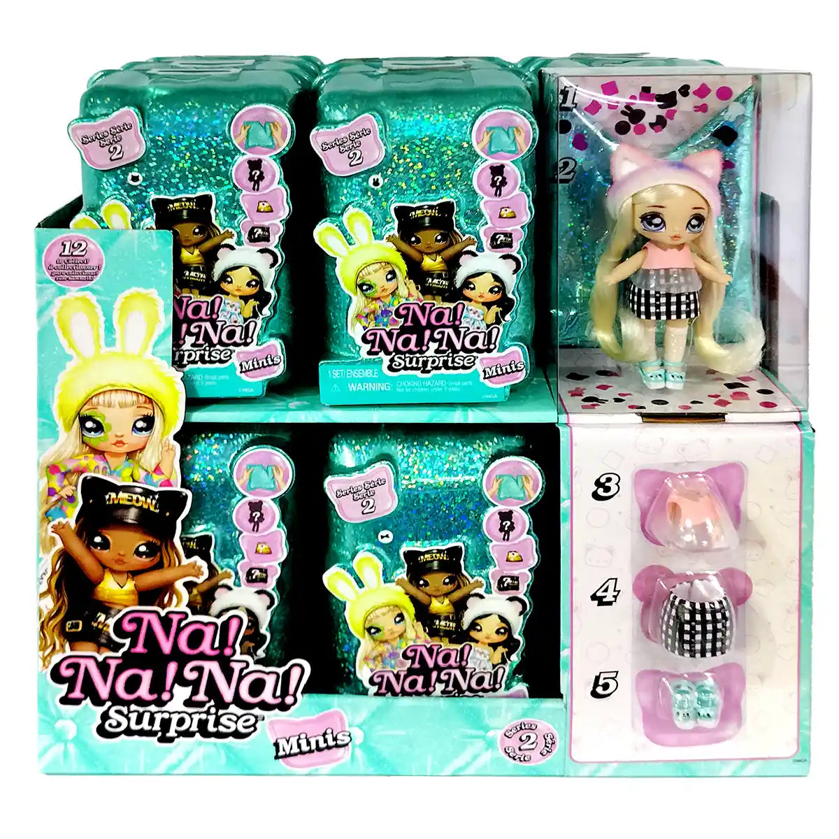 دمى نا! نا! نا! مفاجئة صغيرة، دمى قابلة للتجميع، مقاس 4 بوصات، شعر متجذر، أزياء مستوحاة من الحيوانات، ملابس قابلة للمزج والتنسيق، قابلة للتعديل، تتضمن الزي والأحذية، تشكيلة صندوق مخفي