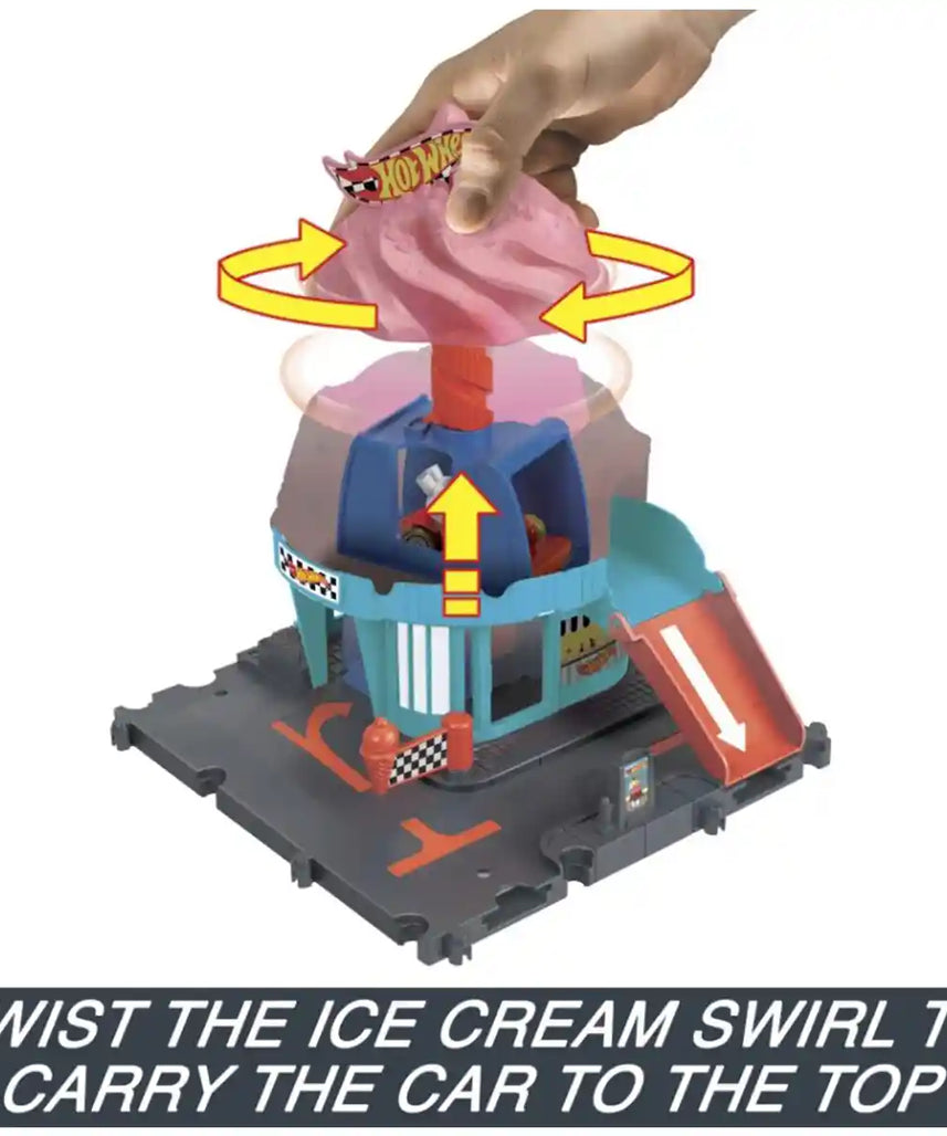 مجموعة مسار الآيس كريم الدوامي من هوت ويلز سيتي داون تاون مع سيارة مصبوبة بمقياس 1:64، للأطفال من سن 4 سنوات فما فوق، مجموعات لعب