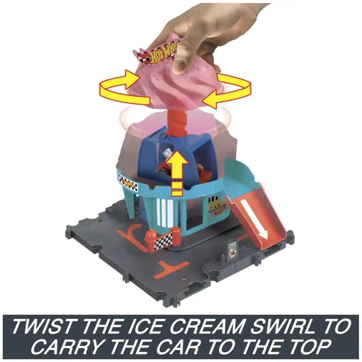 مجموعة مسار الآيس كريم الدوامي من هوت ويلز سيتي داون تاون مع سيارة مصبوبة بمقياس 1:64، للأطفال من سن 4 سنوات فما فوق، مجموعات لعب