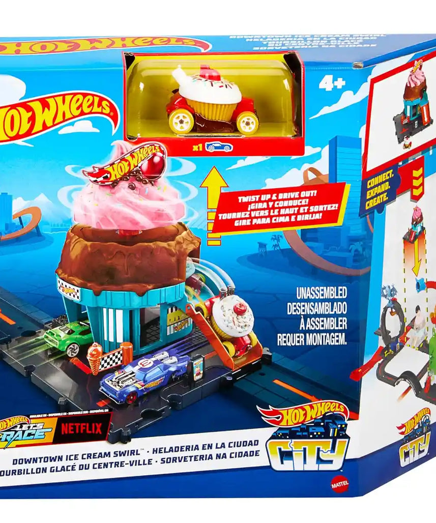 مجموعة مسار الآيس كريم الدوامي من هوت ويلز سيتي داون تاون مع سيارة مصبوبة بمقياس 1:64، للأطفال من سن 4 سنوات فما فوق، مجموعات لعب