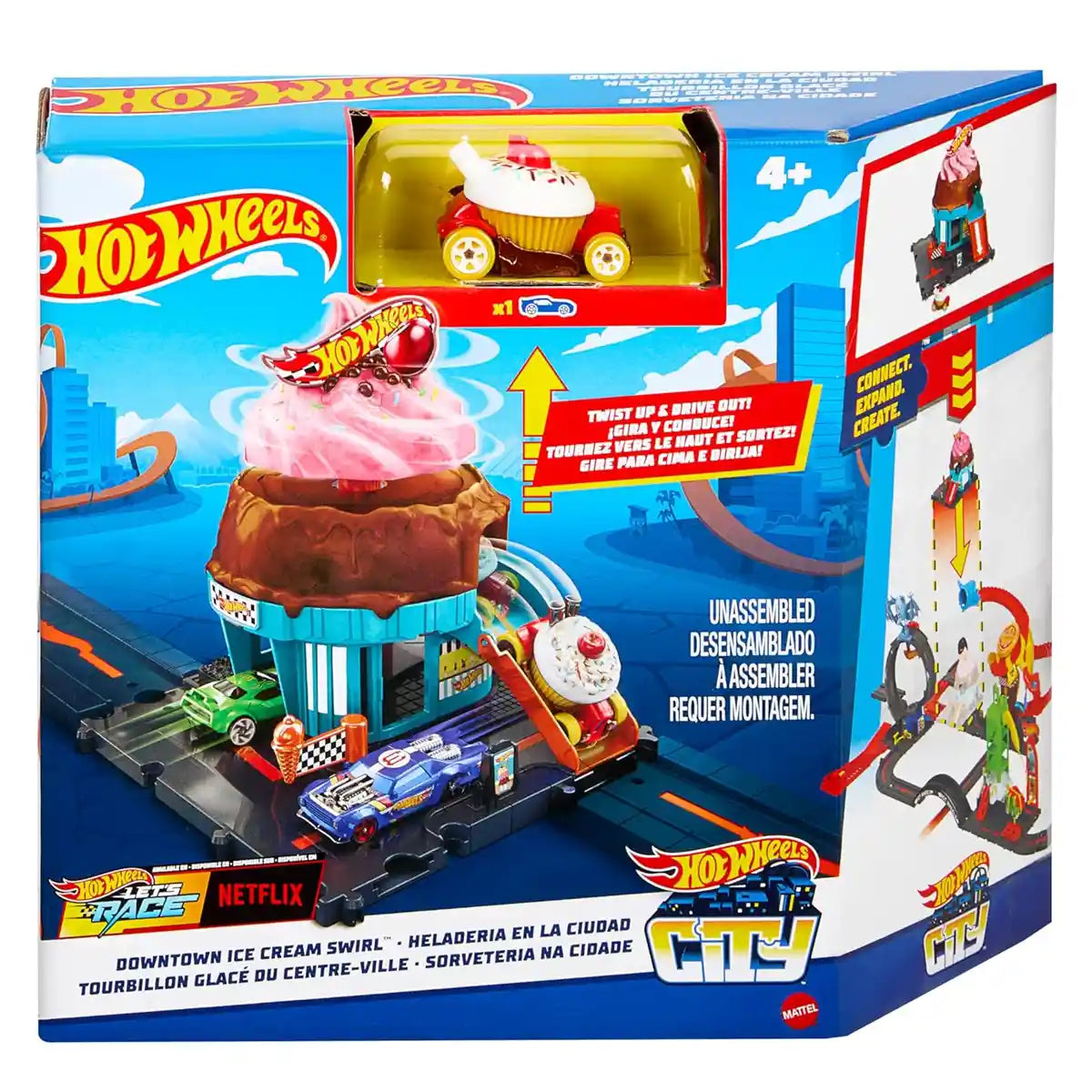 مجموعة مسار الآيس كريم الدوامي من هوت ويلز سيتي داون تاون مع سيارة مصبوبة بمقياس 1:64، للأطفال من سن 4 سنوات فما فوق، مجموعات لعب