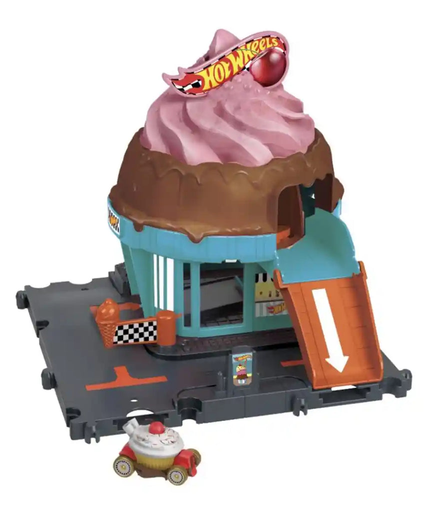 مجموعة مسار الآيس كريم الدوامي من هوت ويلز سيتي داون تاون مع سيارة مصبوبة بمقياس 1:64، للأطفال من سن 4 سنوات فما فوق، مجموعات لعب
