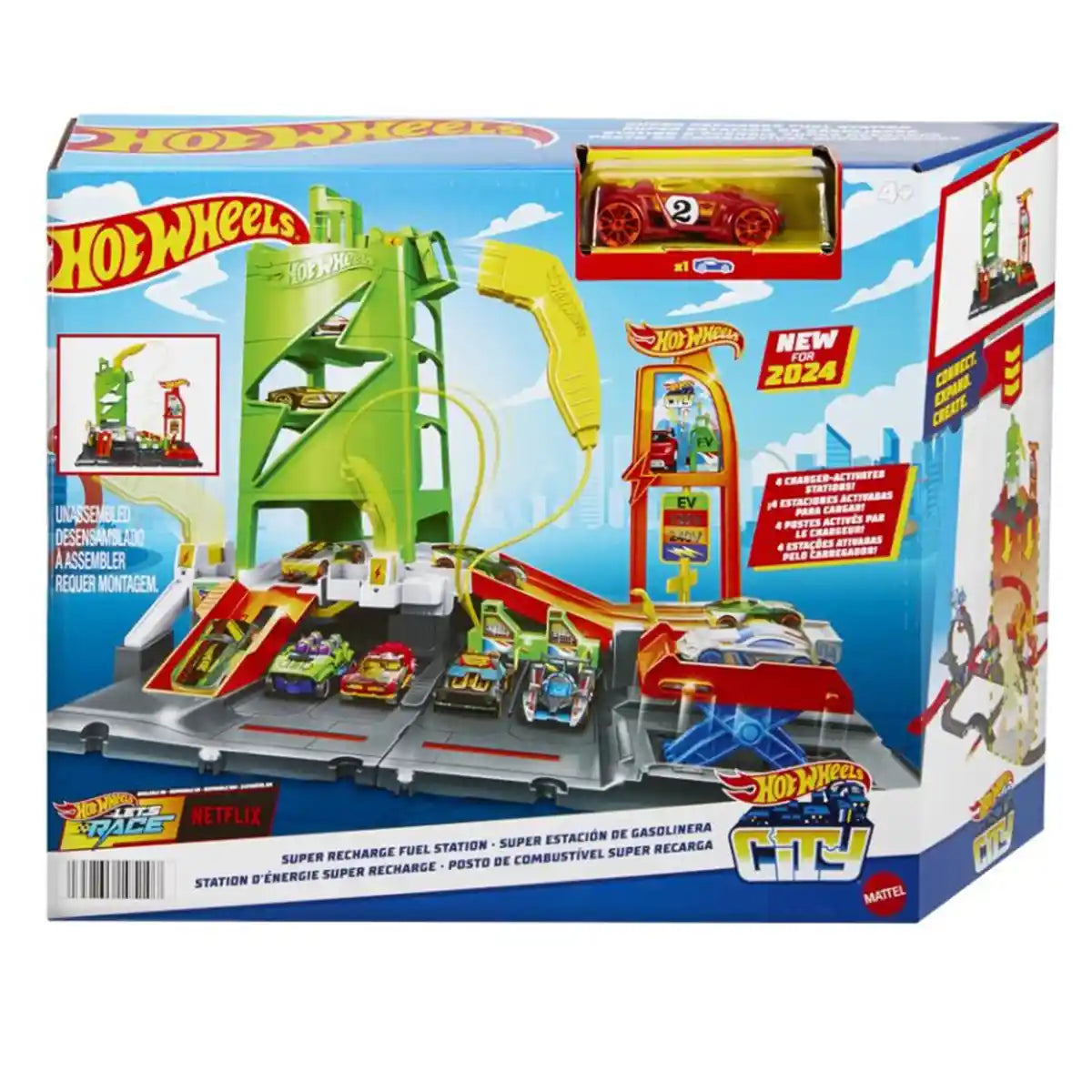مجموعة محطة الوقود الفائقة هوت ويلز سيتي، مجموعة مسار سيارة لعبة، تتضمن سيارة بمقياس 1:64، مقابض شحن السيارات الكهربائية، رافعات سيارات، منصات إطلاق، مساحة تخزين، ألعاب أطفال