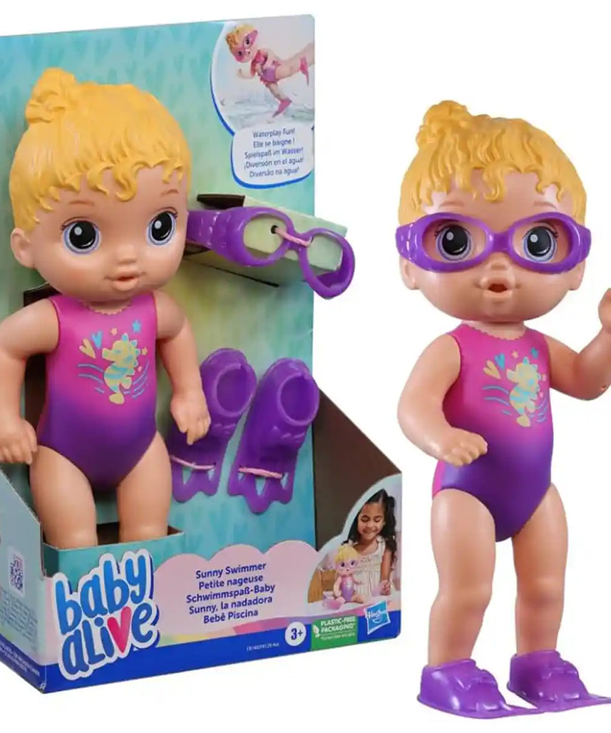 دمية السباحة المشمسة من بيبي ألايف، مجموعة لعب دمية طفل مائية بطول 25.4 سم مع نظارات وزعانف، ملابس سباحة مدمجة، شعر أشقر، مناسبة للأعمار من 3 سنوات فما فوق، دمى ومنازل وإكسسوارات