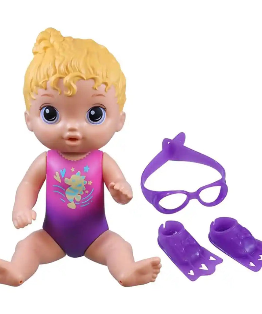 دمية السباحة المشمسة من بيبي ألايف، مجموعة لعب دمية طفل مائية بطول 25.4 سم مع نظارات وزعانف، ملابس سباحة مدمجة، شعر أشقر، مناسبة للأعمار من 3 سنوات فما فوق، دمى ومنازل وإكسسوارات