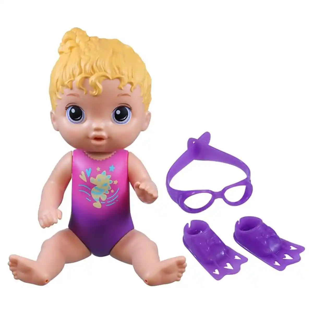 دمية السباحة المشمسة من بيبي ألايف، مجموعة لعب دمية طفل مائية بطول 25.4 سم مع نظارات وزعانف، ملابس سباحة مدمجة، شعر أشقر، مناسبة للأعمار من 3 سنوات فما فوق، دمى ومنازل وإكسسوارات