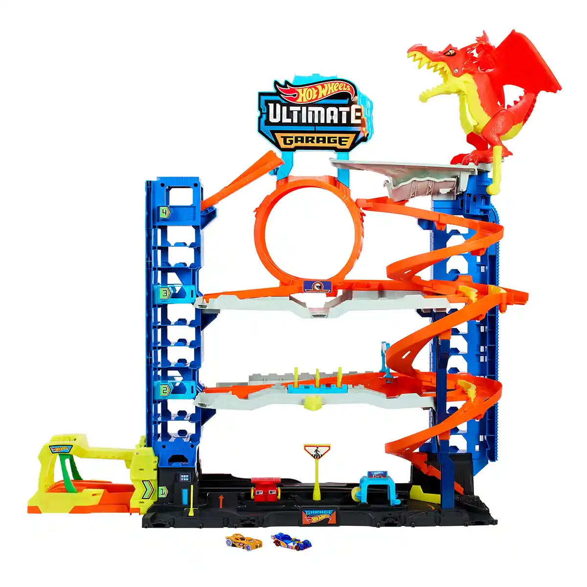 Hot Wheels City Mega Garage Playset, Four-Level Track Set with Corkscrew Elevator, Storage for 60+ Vehicles, Connection Points and 1 Hot Wheels Car, Kids Toys for Ages 4 and Up