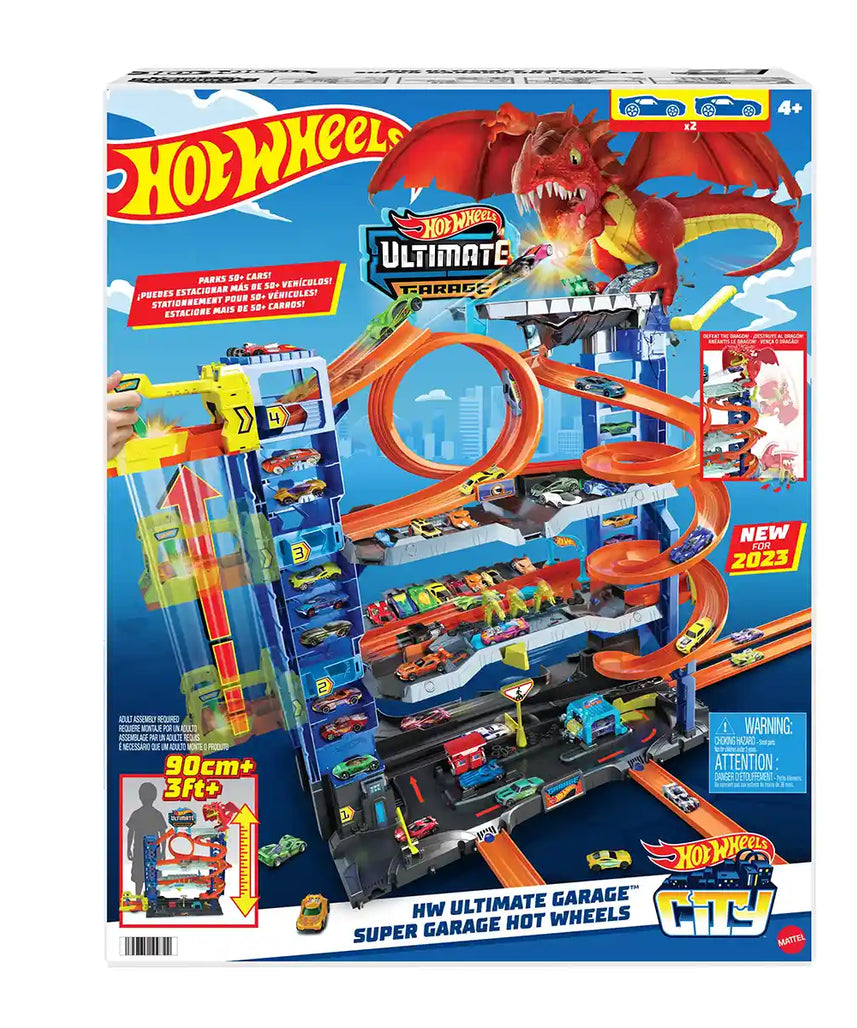 Hot Wheels City Mega Garage Playset, Four-Level Track Set with Corkscrew Elevator, Storage for 60+ Vehicles, Connection Points and 1 Hot Wheels Car, Kids Toys for Ages 4 and Up