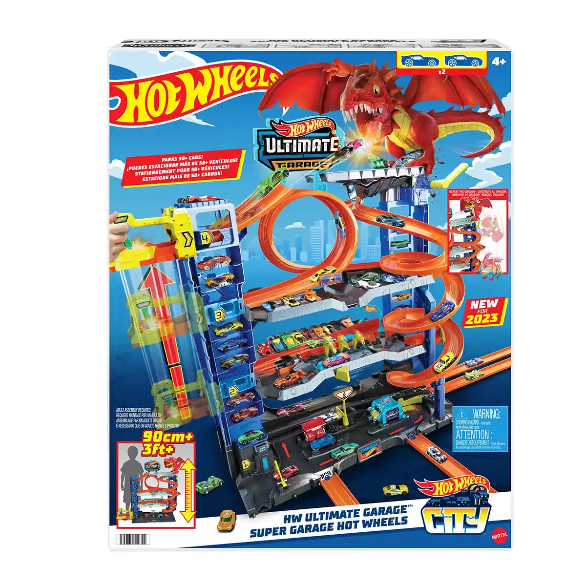 Hot Wheels City Mega Garage Playset, Four-Level Track Set with Corkscrew Elevator, Storage for 60+ Vehicles, Connection Points and 1 Hot Wheels Car, Kids Toys for Ages 4 and Up