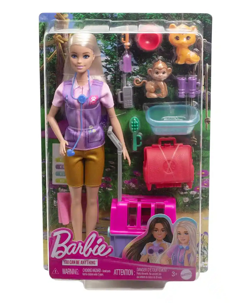 مجموعة ألعاب إنقاذ الحيوانات من باربي مع دمية شقراء وشخصيات قرد صغير ونمر وإكسسوارات للأطفال من سن 3 سنوات فما فوق