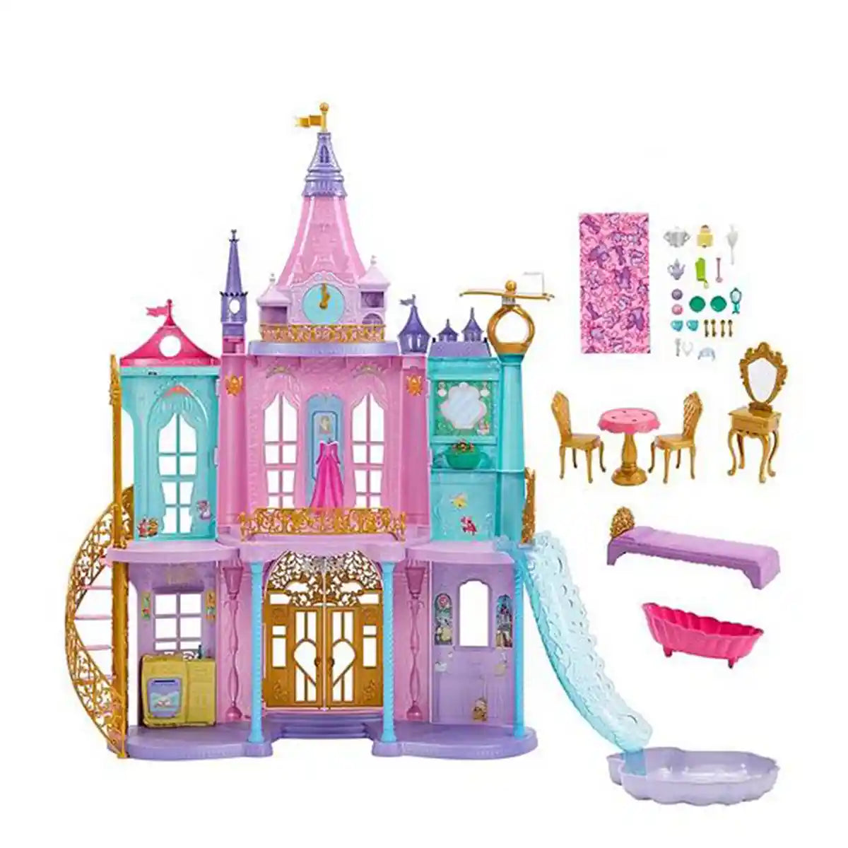 مجموعة لعب قلعة أحلام أميرات ديزني، بيت دمى سحري بطول 4 أقدام مع أضواء وأصوات ومسبح ومنزلق و28 ملحقًا للأطفال