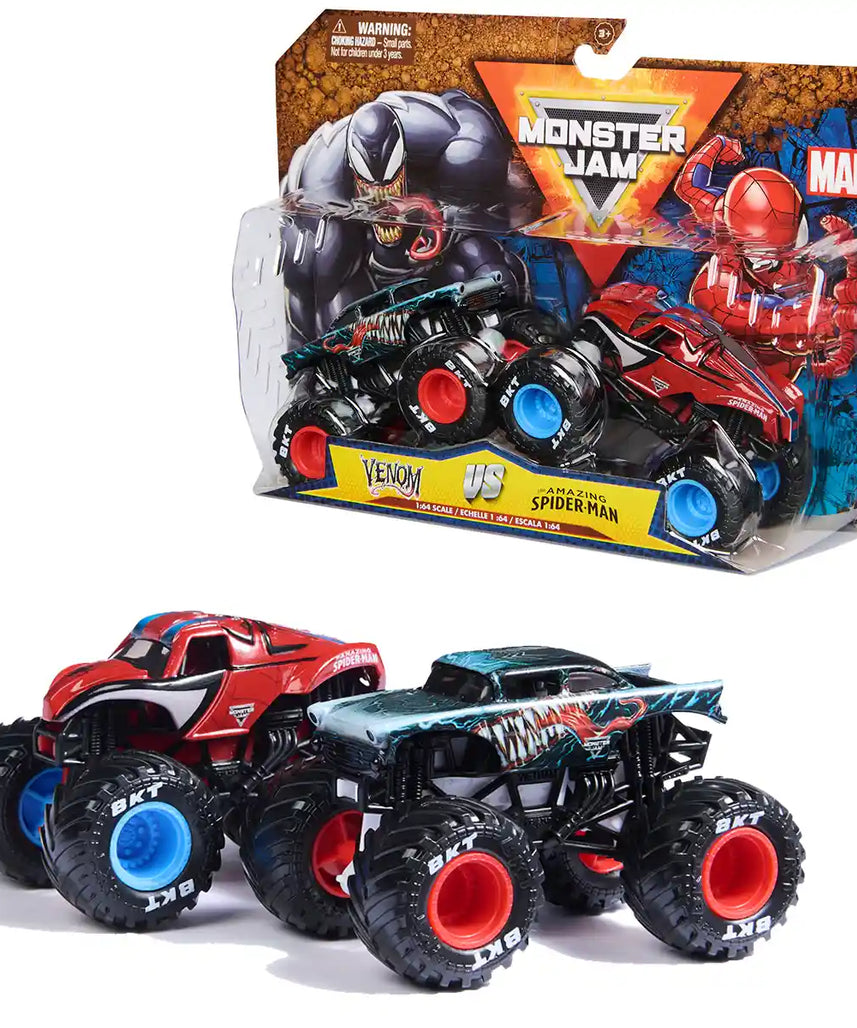مجموعة Monster Jam Marvel بمقياس 1:64، شاحنتان مصبوبتان، Spider-Man، Venom، Iron Man، War Machine، أنماط متنوعة، للأعمار من 3 سنوات فما فوق