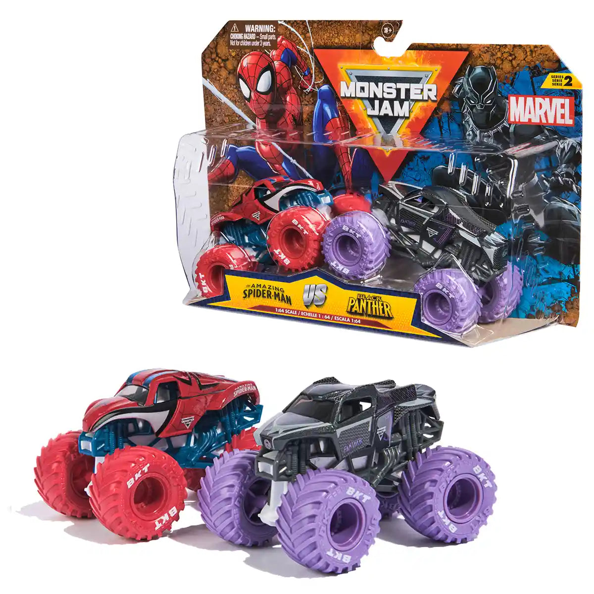 مجموعة Monster Jam Marvel بمقياس 1:64، شاحنتان مصبوبتان، Spider-Man، Venom، Iron Man، War Machine، أنماط متنوعة، للأعمار من 3 سنوات فما فوق