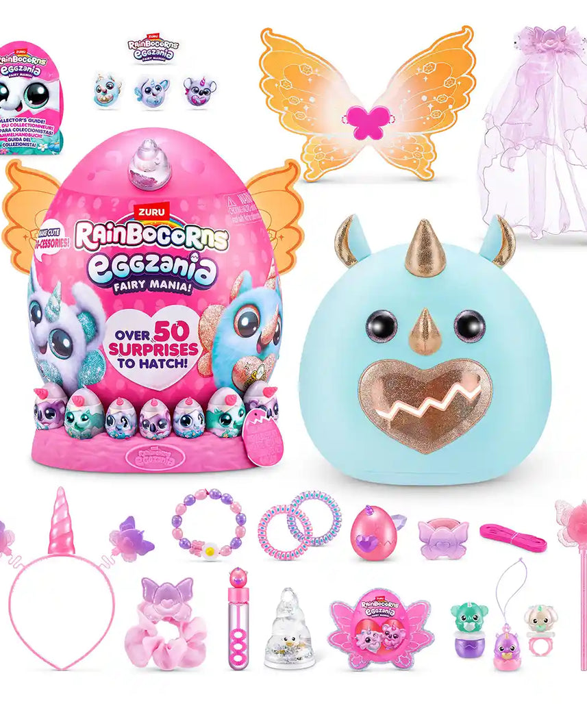 Rainbocorns Eggzania Fairy Mania ZUR-92115 Surprise Toy, 50+ Collectible Surprises, Plush Rainbocorn, Fairy Dress-Up Accessories, Yolkies, Stamps, Slime, Magical Unboxing Fun for Kids 3+