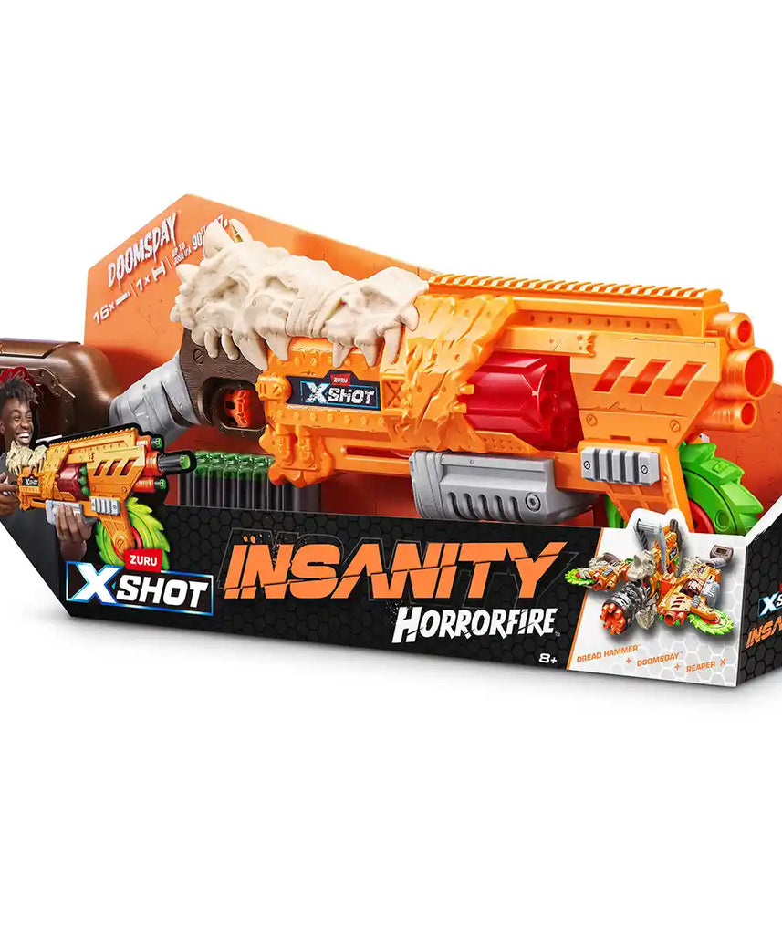XSHOT Horror FIRE Series 1 Doomsday Blaster Foam Dart Gun with 16 Air Pocket Technology Darts, Spinning Saw Blade, High Power Long Range Blaster Toy for Boys and Girls 8+