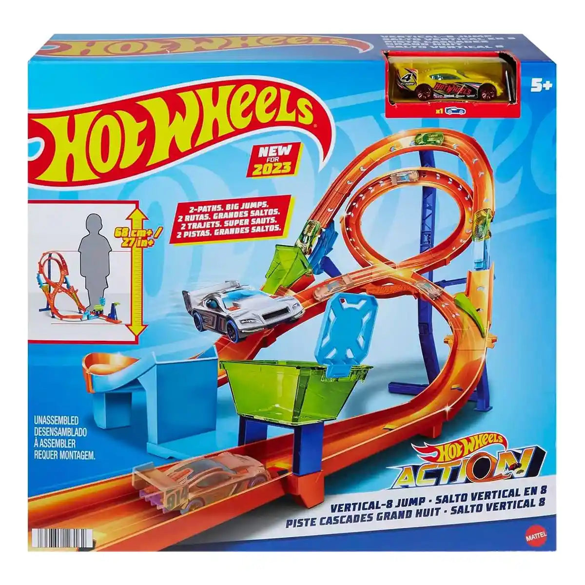 Hot Wheels Action Vertical 8 Jump Track Set, Two-Path Stunt and Race Track with Catch Cup, Includes 1 Hot Wheels Vehicle, Connects to Other Sets, Kids Toys for Ages 3 and Up