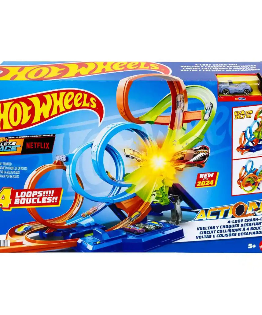 Hot Wheels Action 4-Loop Crash Out Track Set, Toy Car Track with 4 Loops, 3-Way Crash Zone, Motorized Booster, Folds for Storage, Includes 1:64 Scale Car, Kids Toys