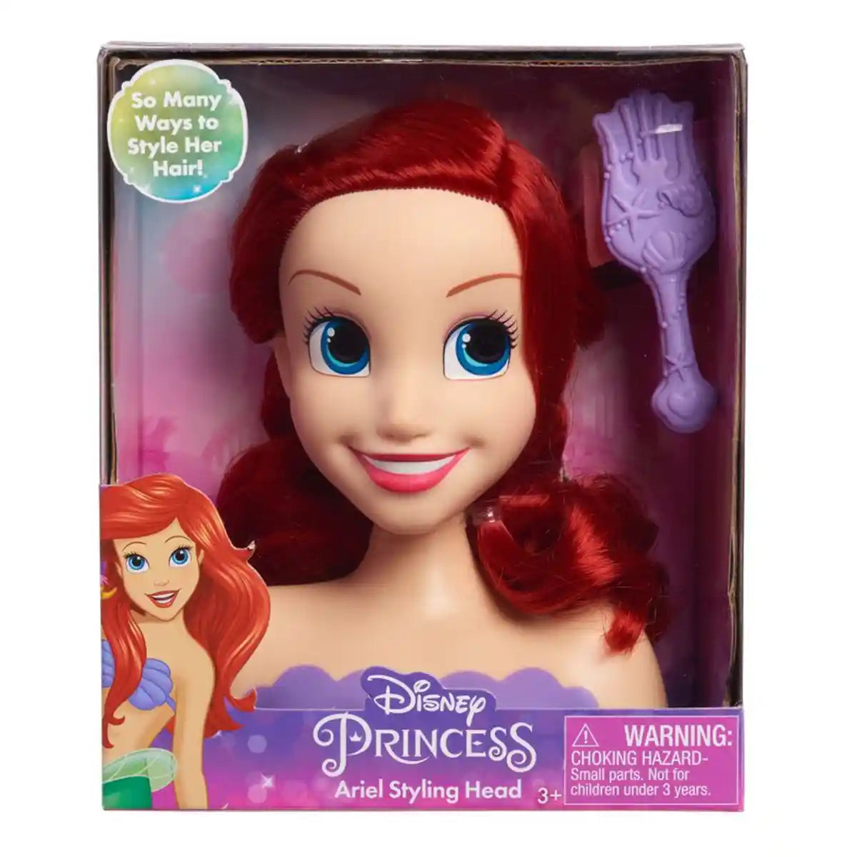 Disney Princess Ariel Mini Styling Head Toy, Pretend Hair Play Set with Accessories for Girls, Travel-Friendly, Ages 3+, Assorted