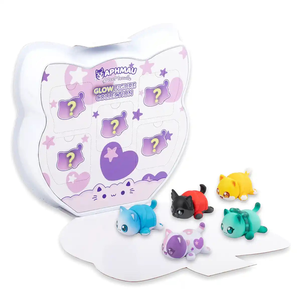 مجموعة مجسمات أفماو وأصدقائه الغامضة المضيئة، 5 قطع من مجسمات القطط القابلة للتجميع، شخصيات حصرية متوهجة في الظلام: قط أفماو، قطة نوي، قطة كيم، قطة بيرس، قطة آرون، منتجات أفماو الرسمية