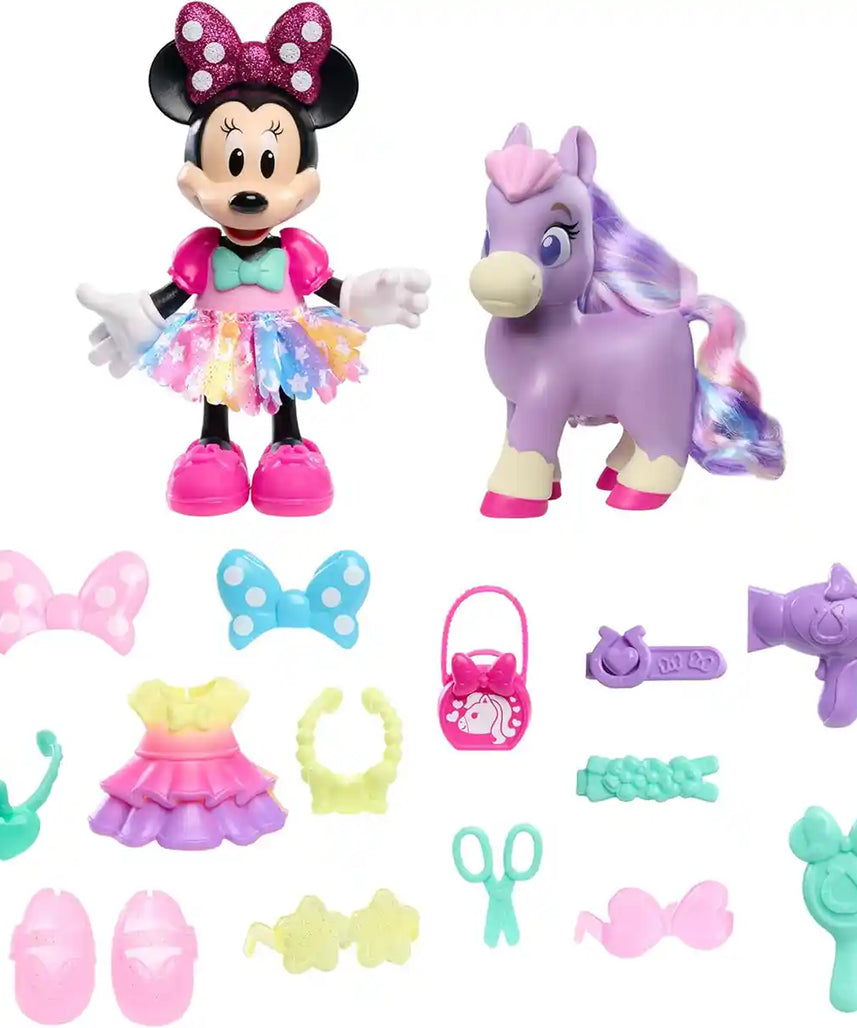 Disney Junior Minnie Mouse Groom & Glam Pony Set with Articulated Dolls, Accessories, Dresses, Hairbrush for Kids Ages 3+