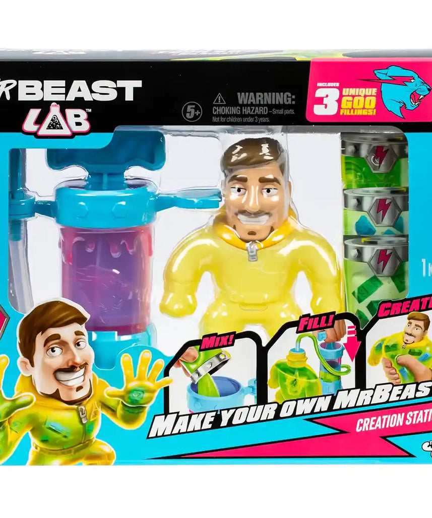 مجموعة أدوات صنع شخصيات الحركة الخاصة بك من MrBeast Lab Hero Creator، لعبة Hazmat Jimmy القابلة للتمدد مع 3 حشوات، محطة إبداع تفاعلية، مجموعة لعب DIY قابلة لإعادة التعبئة للأطفال من سن 5 سنوات فما فوق