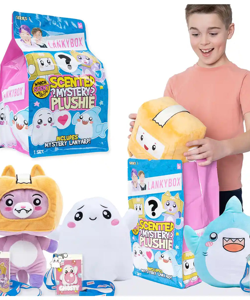 LankyBox Mystery Plush 11 Inch Soft Collectible Plush Toy, Scented Surprise Doll with Mystery Lanyard, Foxy Boxy Thicc Shark Ghosty, Official LankyBox Merch for Kids 3+