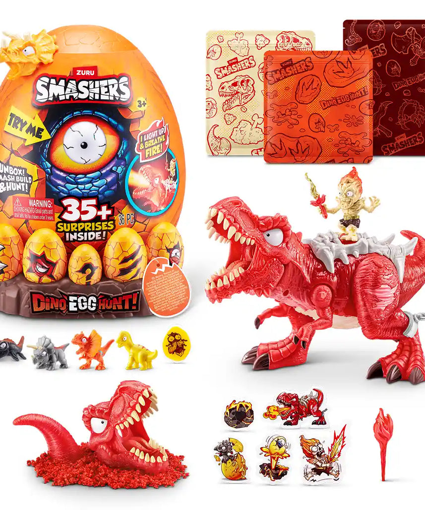 Smashers Dino Egg Hunt Fire Breathing Dinosaur Toy with Lights Sounds and 35 Surprises, Sand and Slime Excavation Kit for Boys and Girls Ages 3 and Up