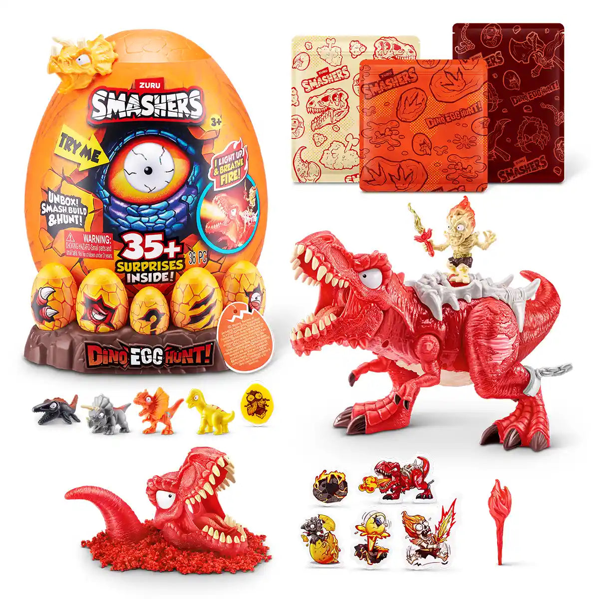 Smashers Dino Egg Hunt Fire Breathing Dinosaur Toy with Lights Sounds and 35 Surprises, Sand and Slime Excavation Kit for Boys and Girls Ages 3 and Up