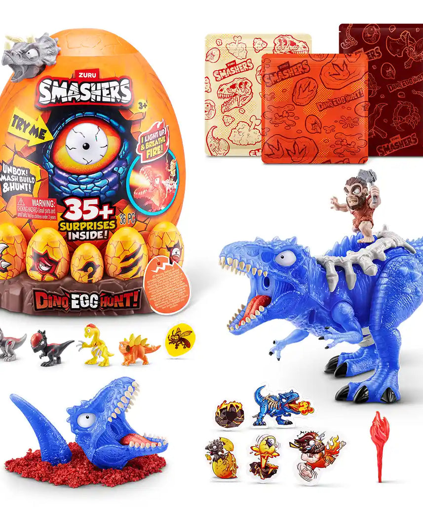 Smashers Dino Egg Hunt Fire Breathing Dinosaur Toy with Lights Sounds and 35 Surprises, Sand and Slime Excavation Kit for Boys and Girls Ages 3 and Up