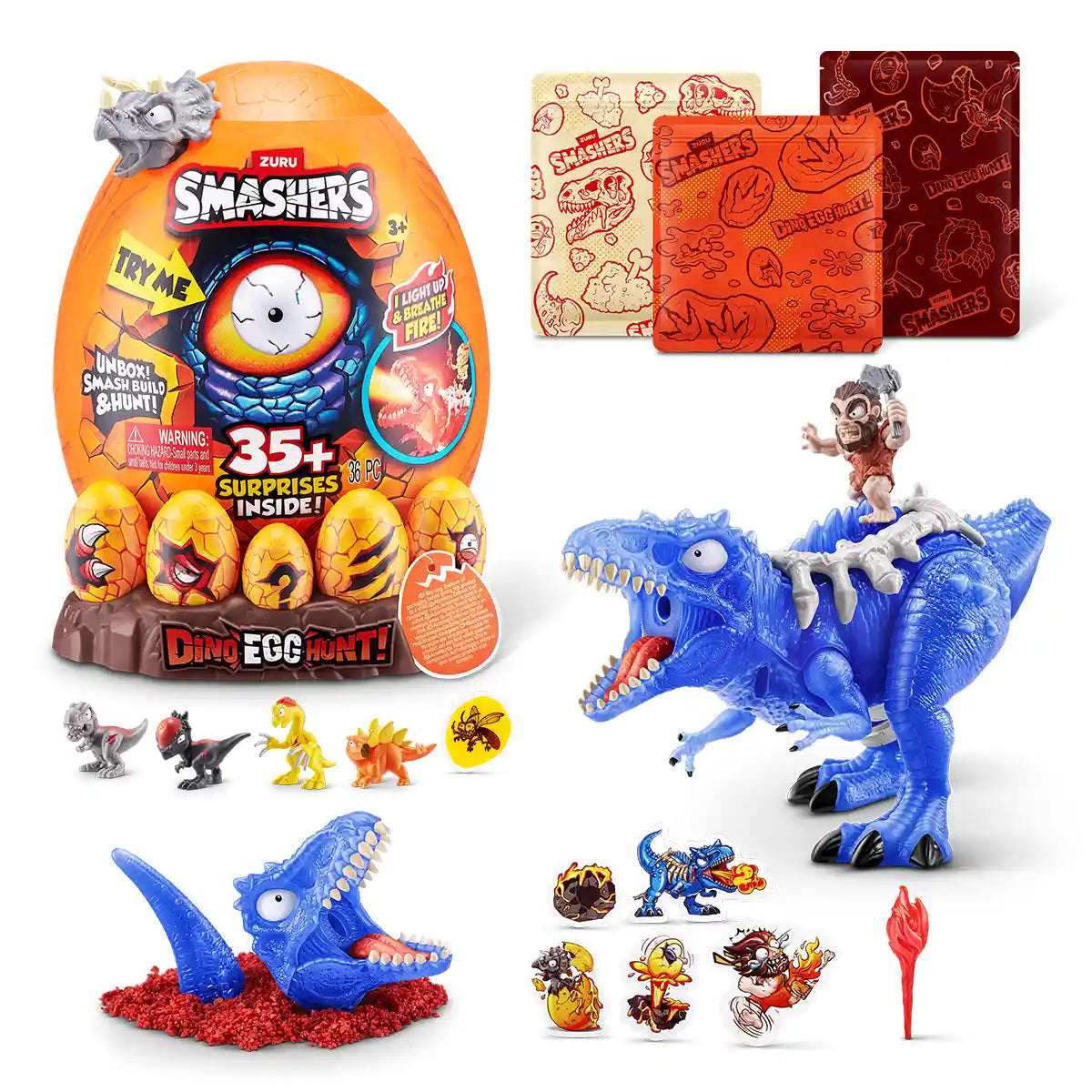 Smashers Dino Egg Hunt Fire Breathing Dinosaur Toy with Lights Sounds and 35 Surprises, Sand and Slime Excavation Kit for Boys and Girls Ages 3 and Up