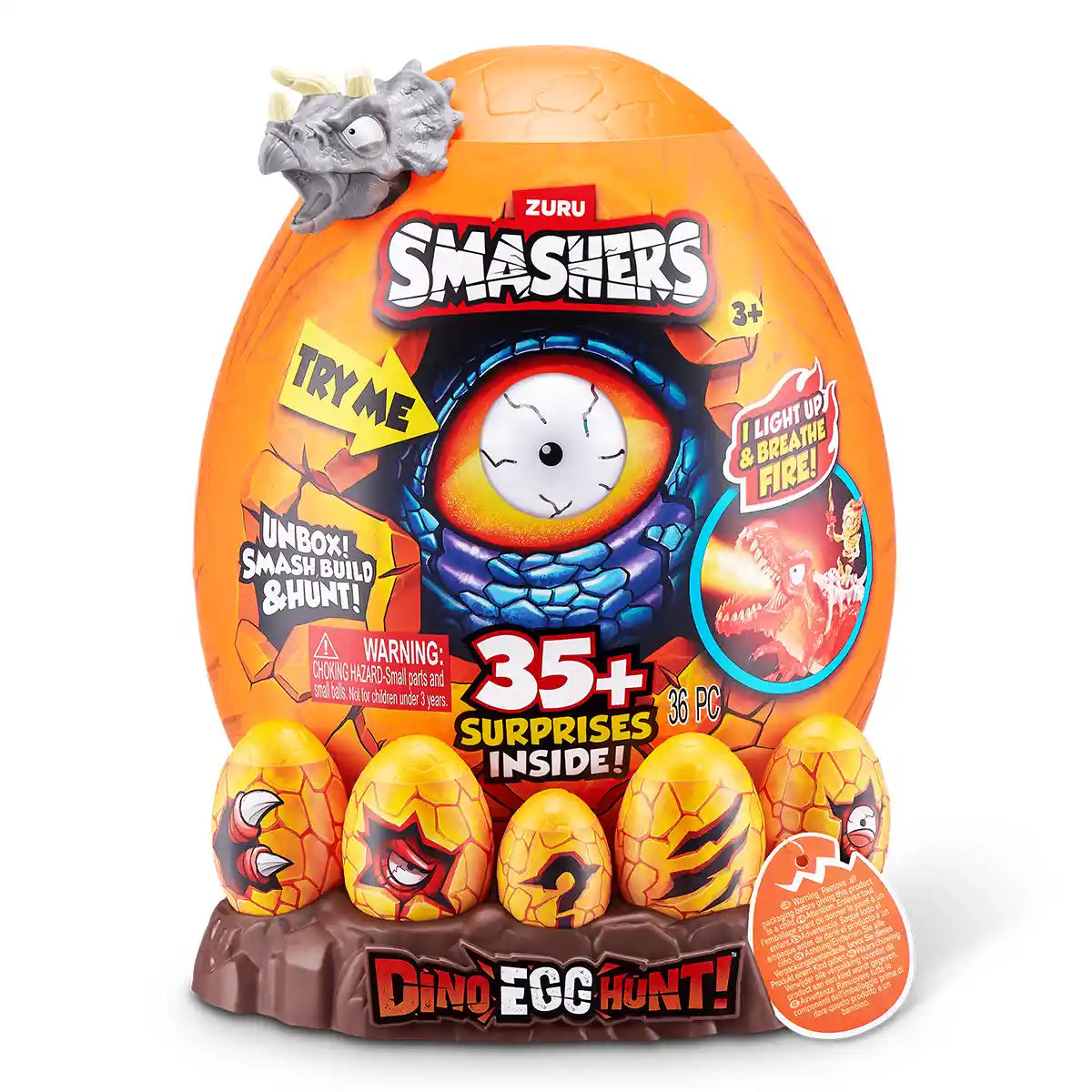 Smashers Dino Egg Hunt Fire Breathing Dinosaur Toy with Lights Sounds and 35 Surprises, Sand and Slime Excavation Kit for Boys and Girls Ages 3 and Up