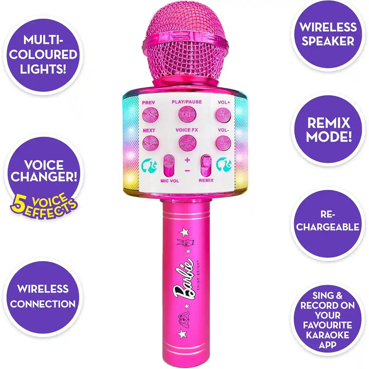 Barbie Bright Voice Master Wireless Karaoke Microphone with Lights and Voice Effects for Kids 3 Years+