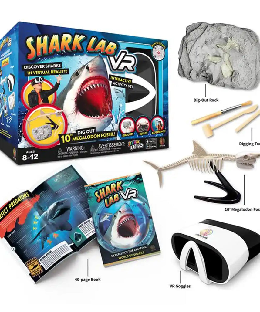 مجموعة أدوات الواقع الافتراضي STEAM Shark Lab من Abacus Brands مع نظارات الواقع الافتراضي، وكتاب مصور من 40 صفحة ومجموعة أنشطة التنقيب عن حفريات الميجالودون، لعبة تعليمية للأطفال من سن 8 سنوات فما فوق