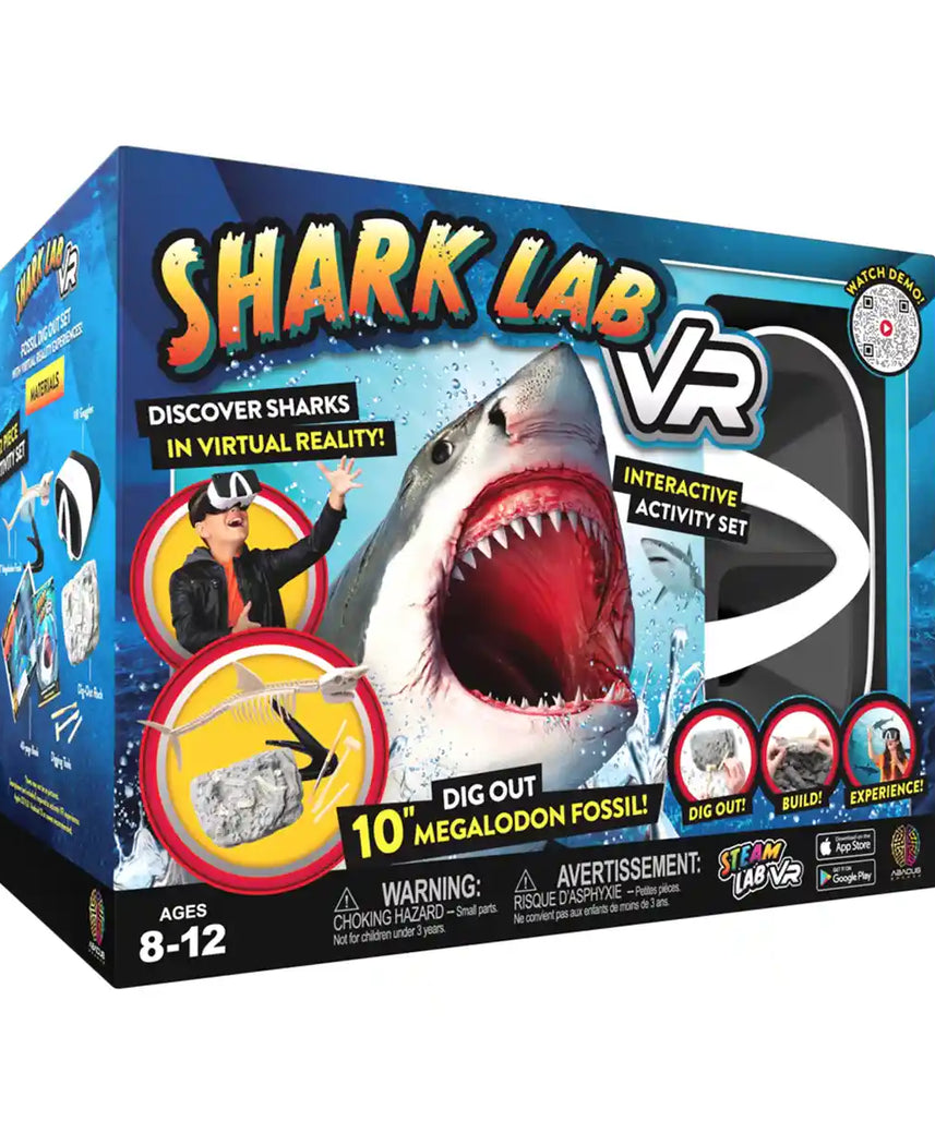 مجموعة أدوات الواقع الافتراضي STEAM Shark Lab من Abacus Brands مع نظارات الواقع الافتراضي، وكتاب مصور من 40 صفحة ومجموعة أنشطة التنقيب عن حفريات الميجالودون، لعبة تعليمية للأطفال من سن 8 سنوات فما فوق