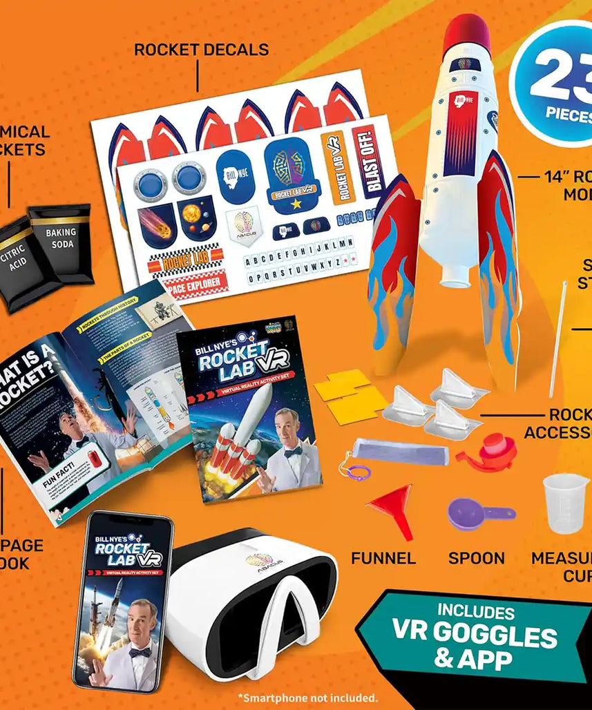 مجموعة علوم الصواريخ بيل ني من أباكوس براندز مع نظارات الواقع الافتراضي، ومجموعة أنشطة مختبر الصواريخ المكونة من 23 قطعة وكتاب تعليمي من 40 صفحة، لعبة علمية وتعليمية مرخصة رسميًا للأطفال من سن 8 سنوات فما فوق
