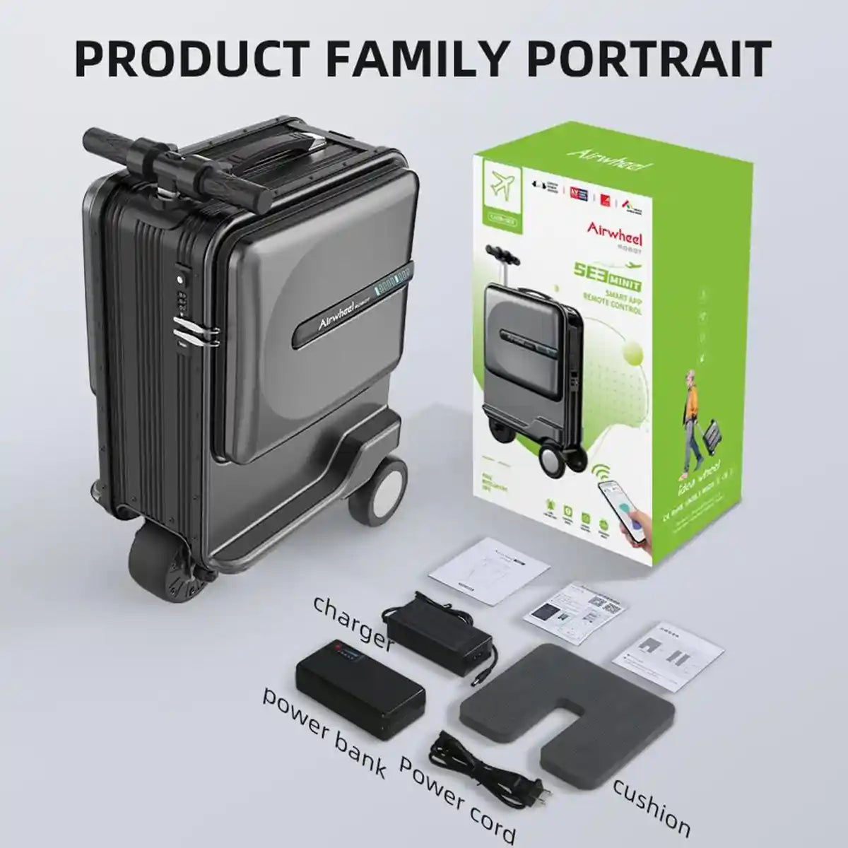 Airwheel SE3MiniT Electric Scooter Suitcase, Black, 26L Lightweight Smart Carry-On Luggage with Removable Airline-Approved Battery, Power Bank and 8 km/h Speed