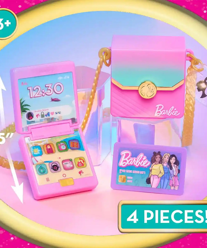Just Play Barbie Trend Lights and Sounds Phone Set, 4-Piece Interactive Dress Up Toy for Kids Ages 3+ – Flip Phone, Purse, Credit Card and Charm