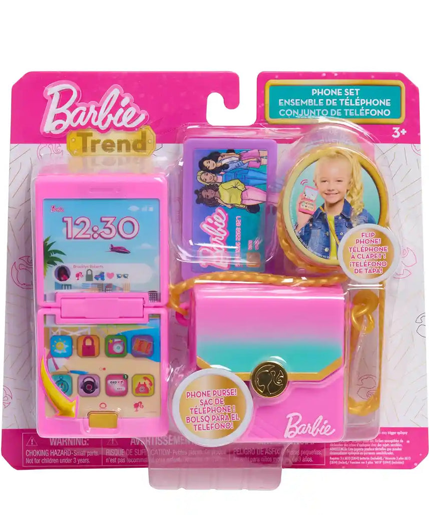 Just Play Barbie Trend Lights and Sounds Phone Set, 4-Piece Interactive Dress Up Toy for Kids Ages 3+ – Flip Phone, Purse, Credit Card and Charm