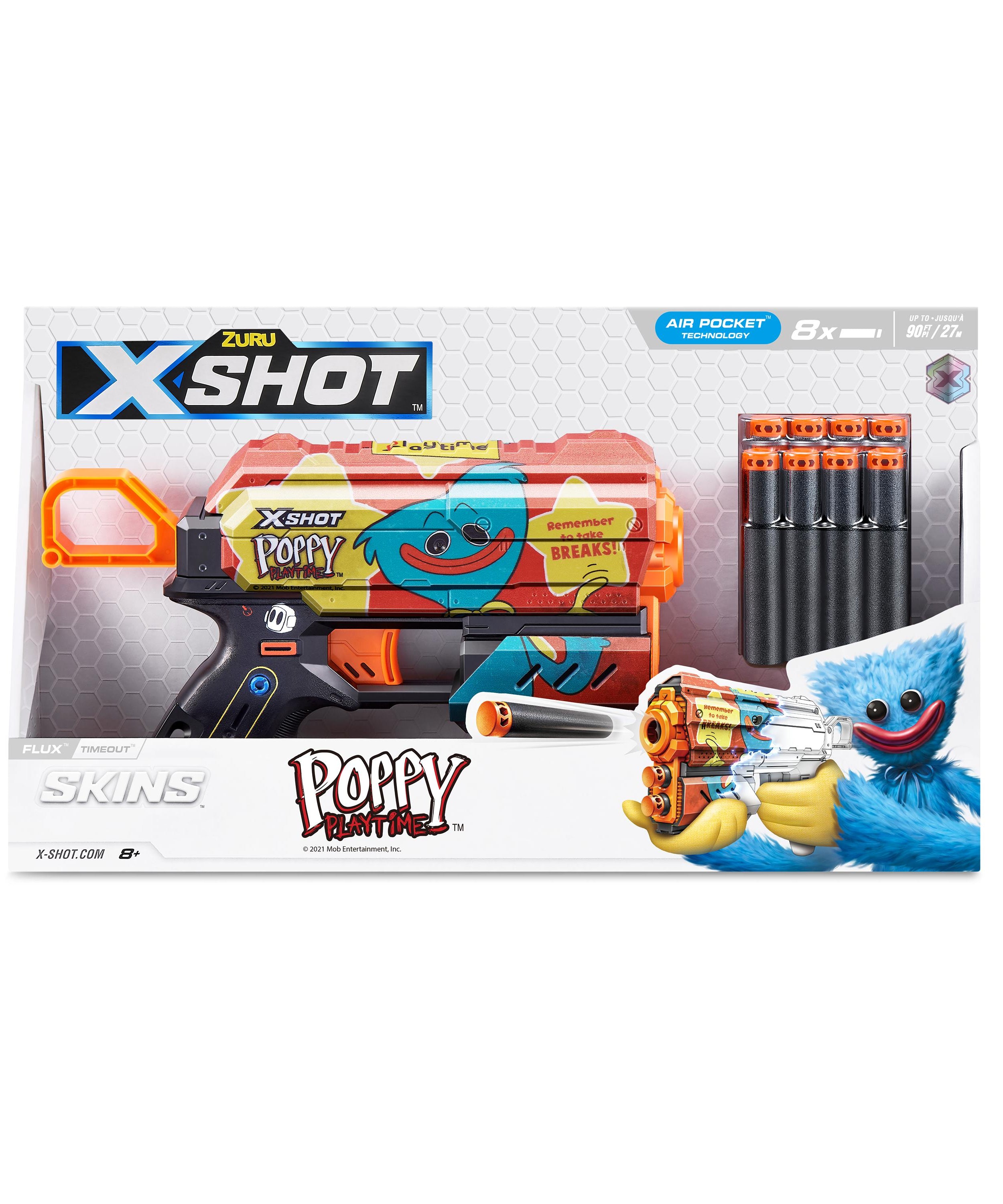 XSHOT Skins Flux, Poppy Playtime Jumpscare Edition (8 Darts), Foam Dart Blaster with Air Pocket Dart Technology, Shoots up to 27m, Collectible Toy Gun for Kids Ages 8+, Boys, Girls, Teens
