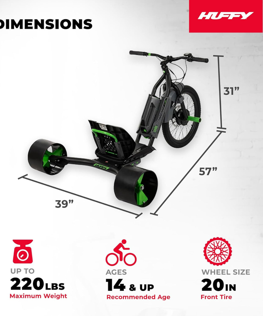 Huffy Green Machine Electric 36V Drift Trike, High Speed Electric Ride On with Adjustable Seat, Thumb Throttle Control and Drift Wheels, Teen Ride On Toy for Ages 14Y+