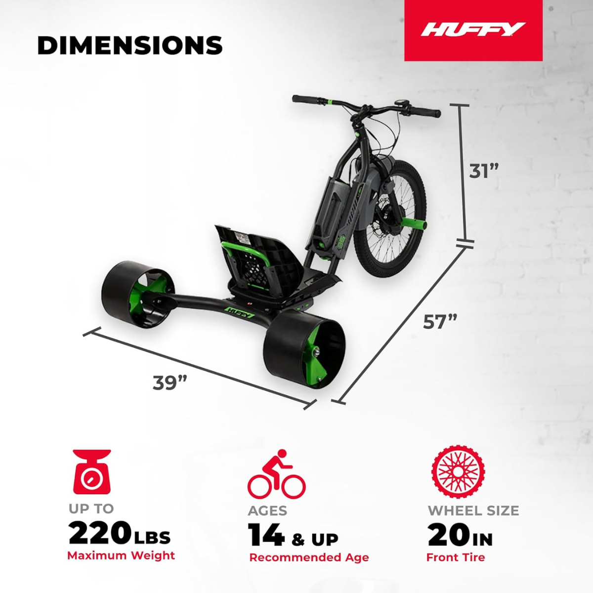 Huffy Green Machine Electric 36V Drift Trike, High Speed Electric Ride On with Adjustable Seat, Thumb Throttle Control and Drift Wheels, Teen Ride On Toy for Ages 14Y+