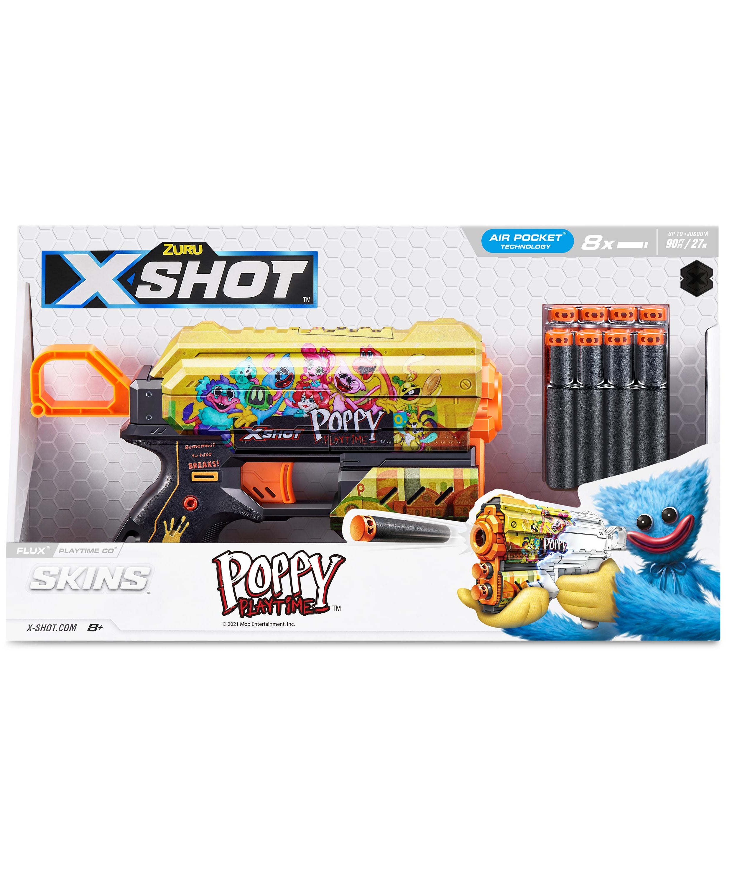 XSHOT Skins Flux, Poppy Playtime Jumpscare Edition (8 Darts), Foam Dart Blaster with Air Pocket Dart Technology, Shoots up to 27m, Collectible Toy Gun for Kids Ages 8+, Boys, Girls, Teens