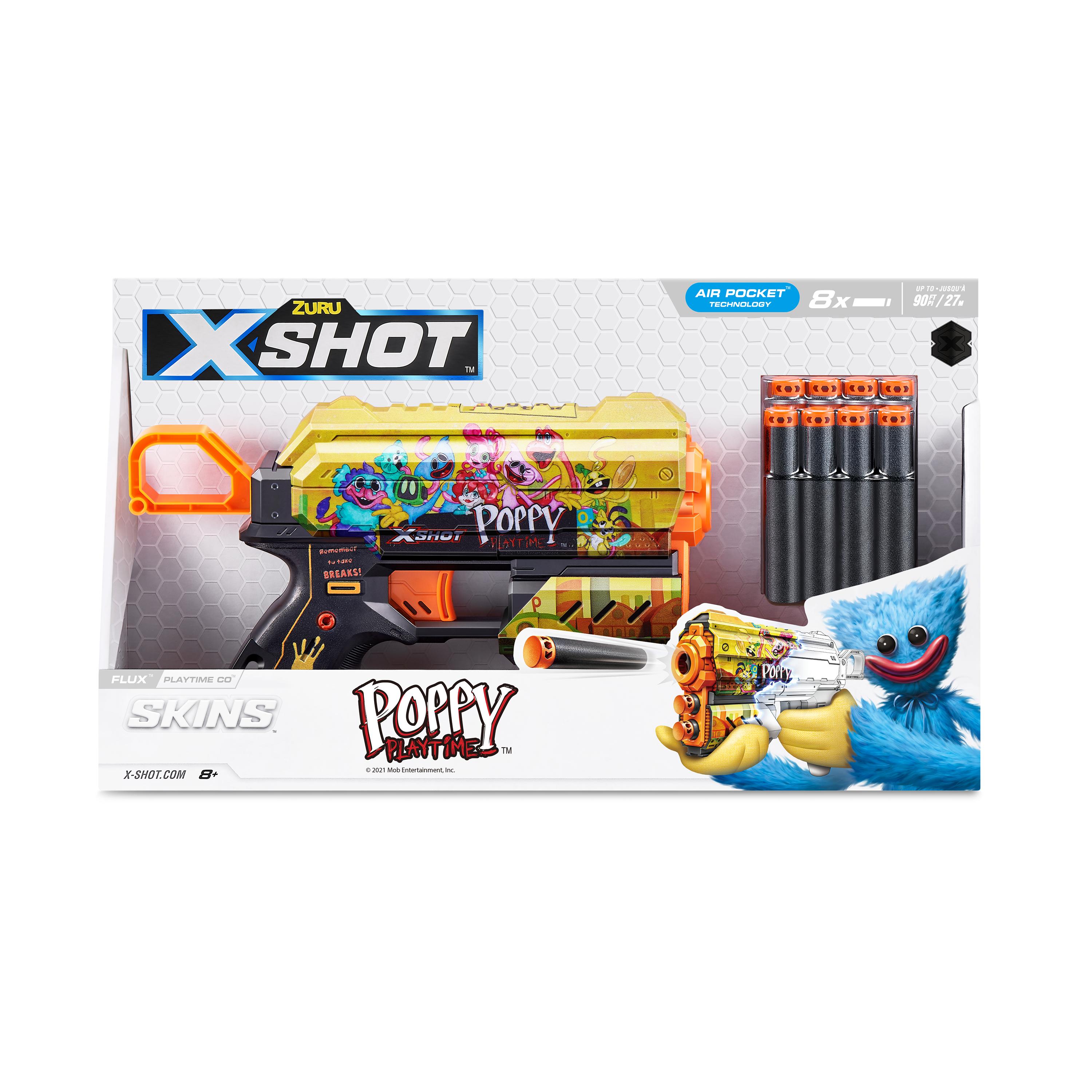 XSHOT Skins Flux, Poppy Playtime Jumpscare Edition (8 Darts), Foam Dart Blaster with Air Pocket Dart Technology, Shoots up to 27m, Collectible Toy Gun for Kids Ages 8+, Boys, Girls, Teens