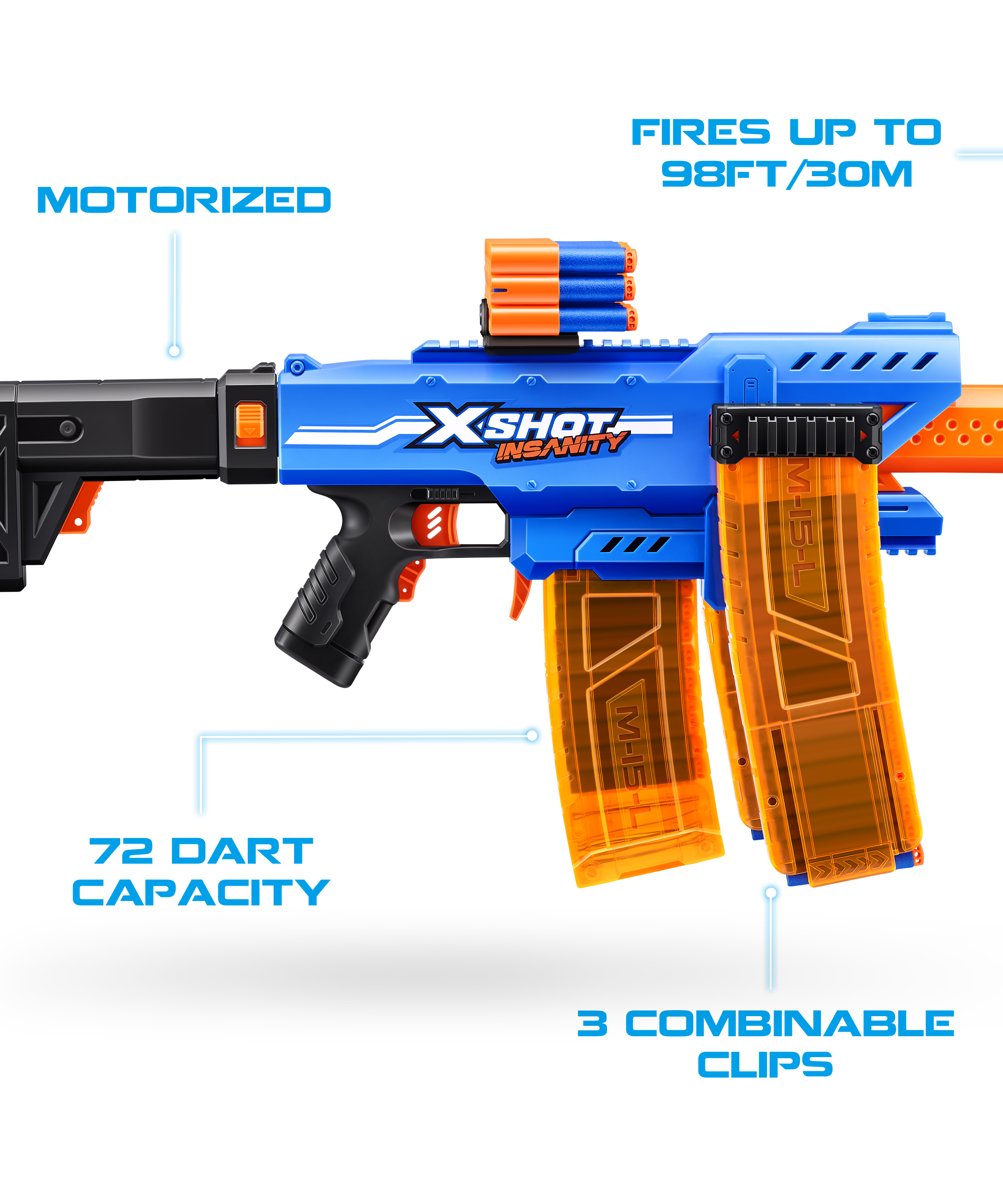 X Shot Insanity Motorised Clip Blaster, High Power Toy Gun for Boys, Age 8+