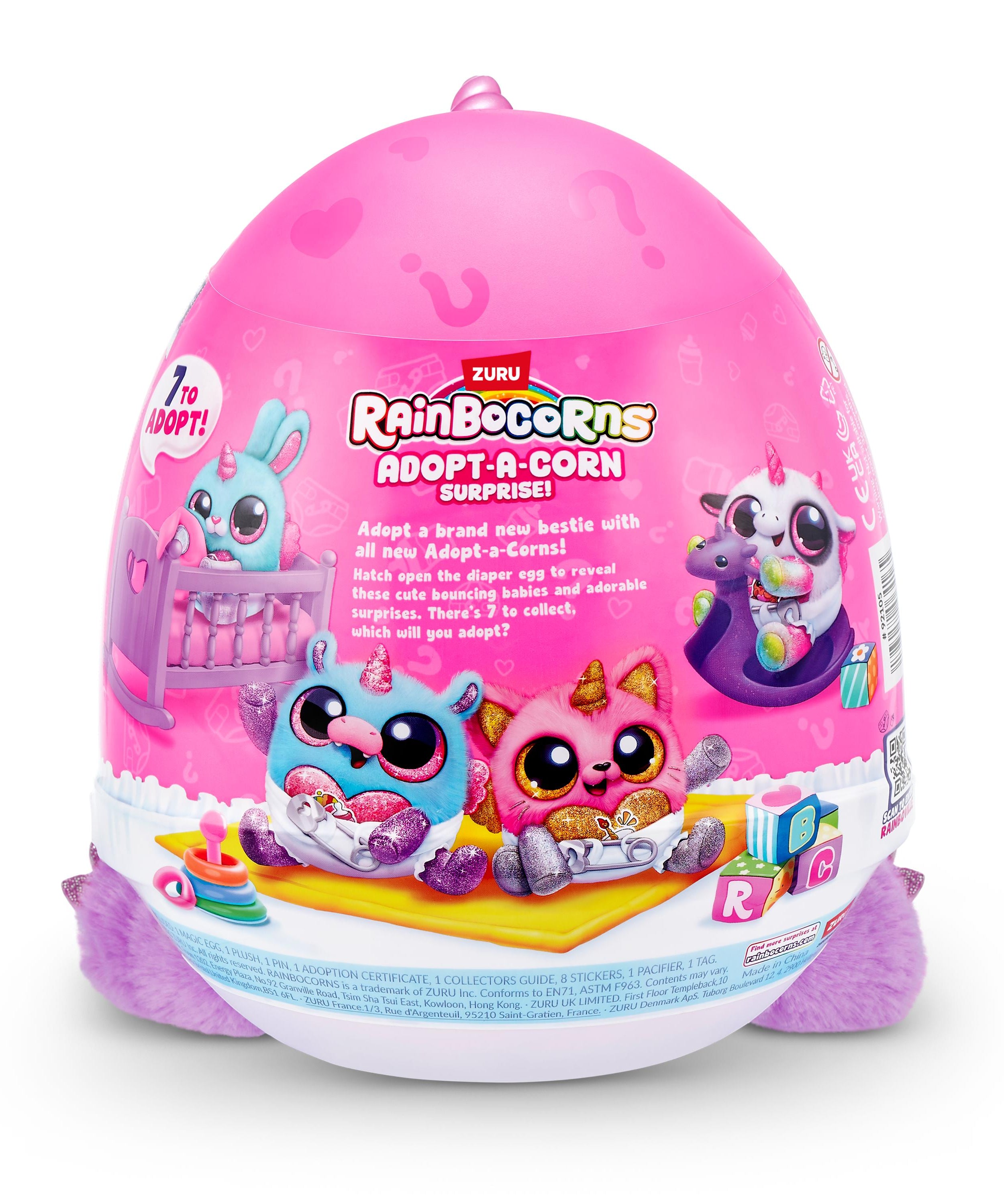 Rainbocorns Adopt-A-Corns Baby Plush Assorted Newborn Surprise Toy with 15+ Surprises, Diaper Egg, Pacifier & Adoption Certificate, Collect All 7 Cute Characters, Gift for Girls Ages 3+