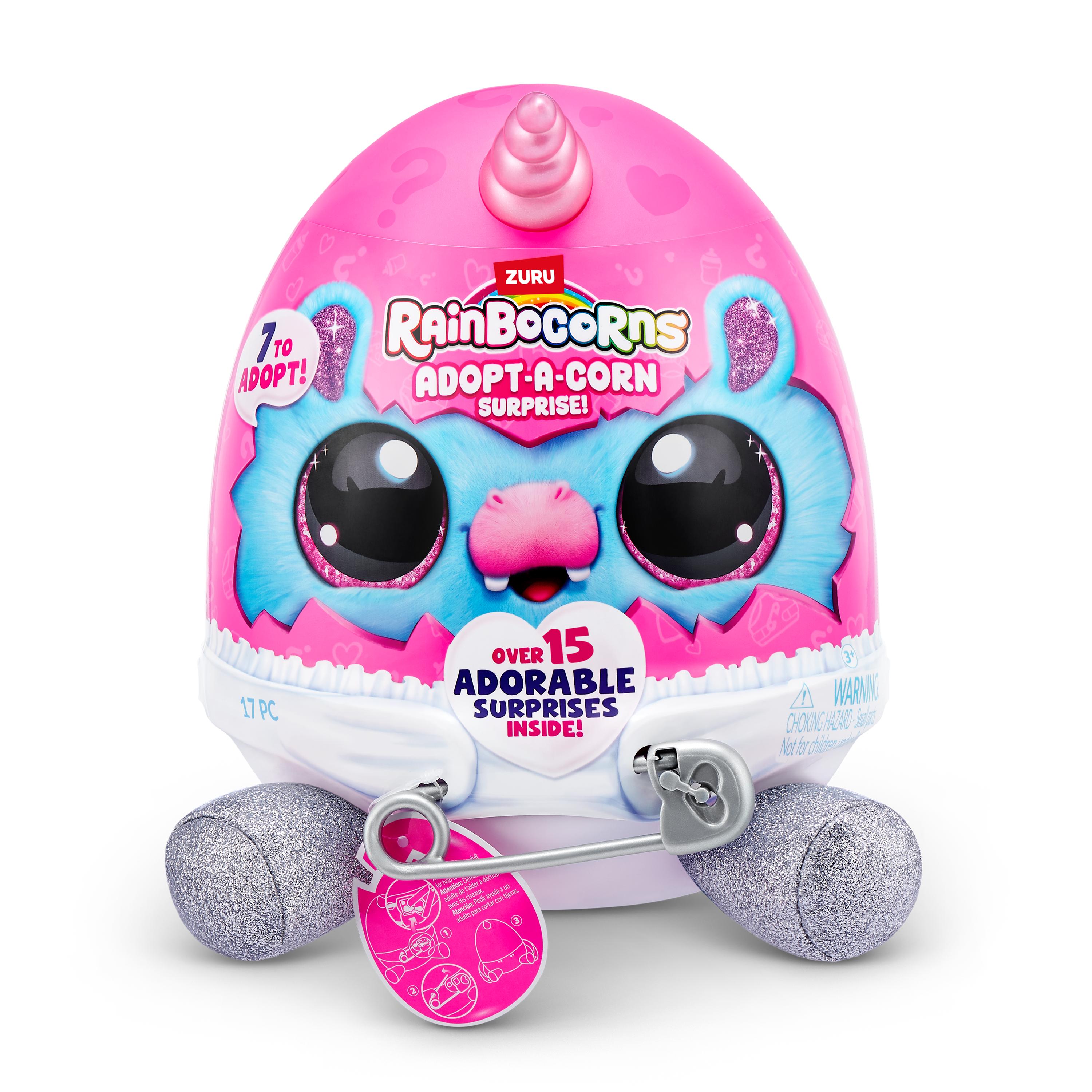 Rainbocorns Adopt-A-Corns Baby Plush Assorted Newborn Surprise Toy with 15+ Surprises, Diaper Egg, Pacifier & Adoption Certificate, Collect All 7 Cute Characters, Gift for Girls Ages 3+