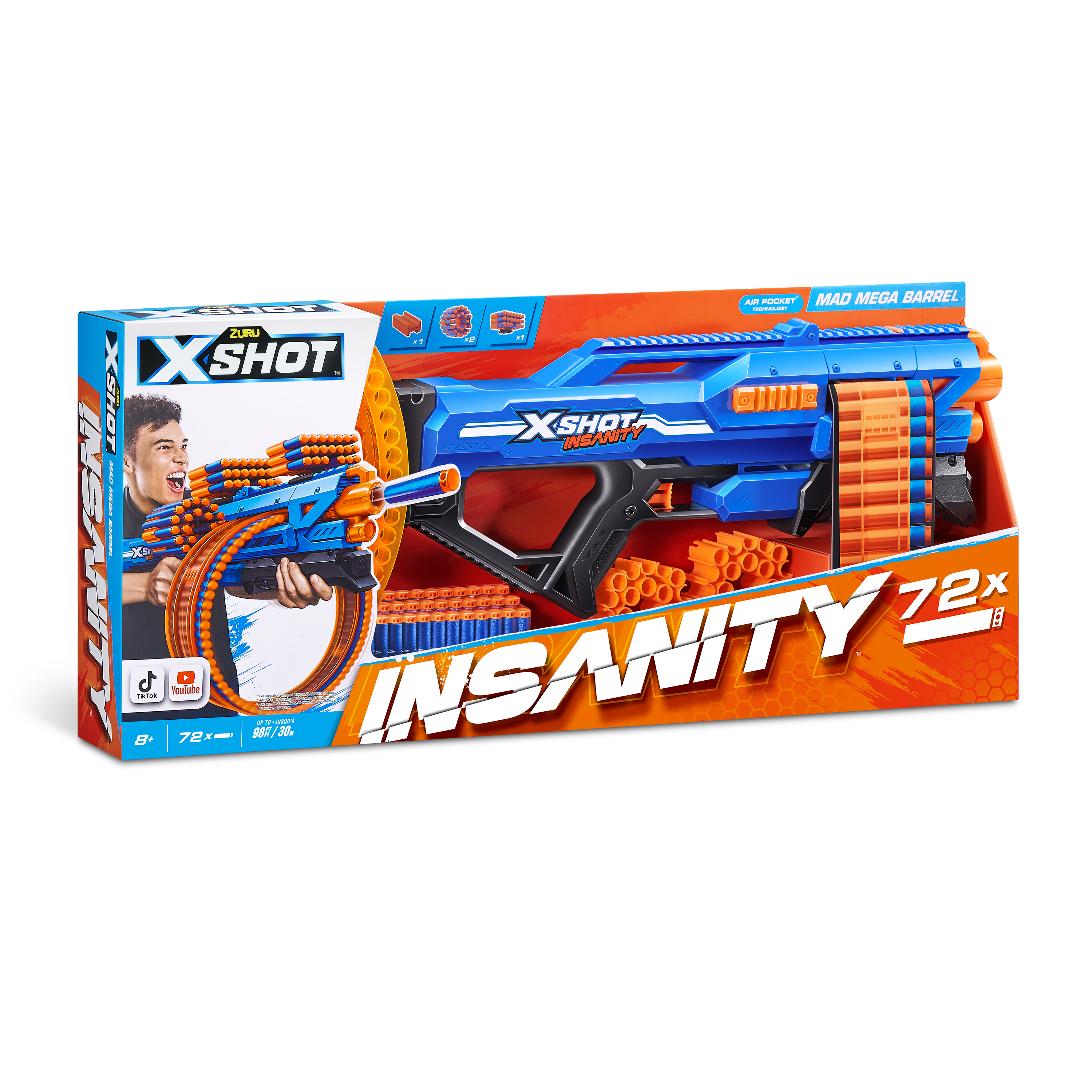 XSHOT Insanity Mad Mega Barrel Blaster, 72 Dart Capacity Toy Gun with Air Pocket Technology, Rapid-Fire Outdoor Blaster for Kids, Ages 3-5