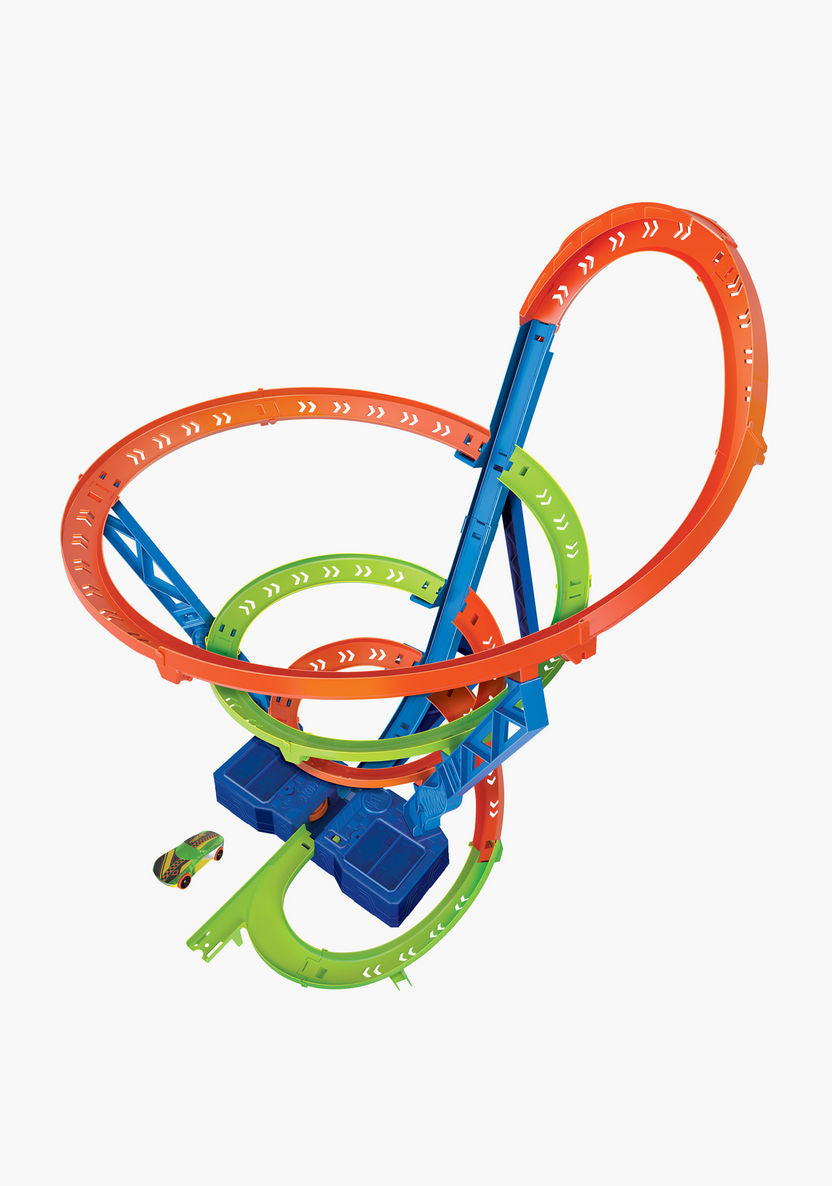 مجموعة ألعاب هوت ويلز أكشن سايكلون كراش، مسار حلزوني مع مناطق تأثير متعددة، مسرع آلي، تتضمن سيارة هوت ويلز واحدة من السبائك المعدنية، ألعاب للأطفال من سن 4 سنوات فما فوق