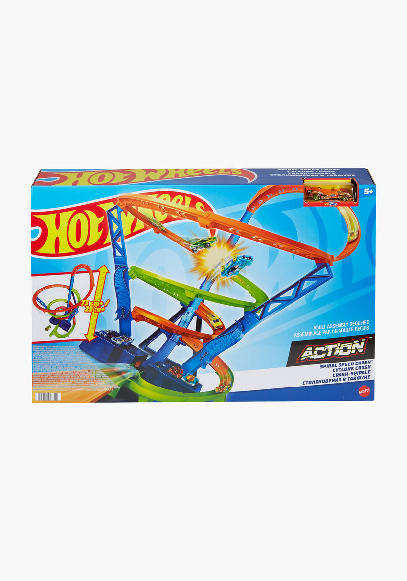 مجموعة ألعاب هوت ويلز أكشن سايكلون كراش، مسار حلزوني مع مناطق تأثير متعددة، مسرع آلي، تتضمن سيارة هوت ويلز واحدة من السبائك المعدنية، ألعاب للأطفال من سن 4 سنوات فما فوق