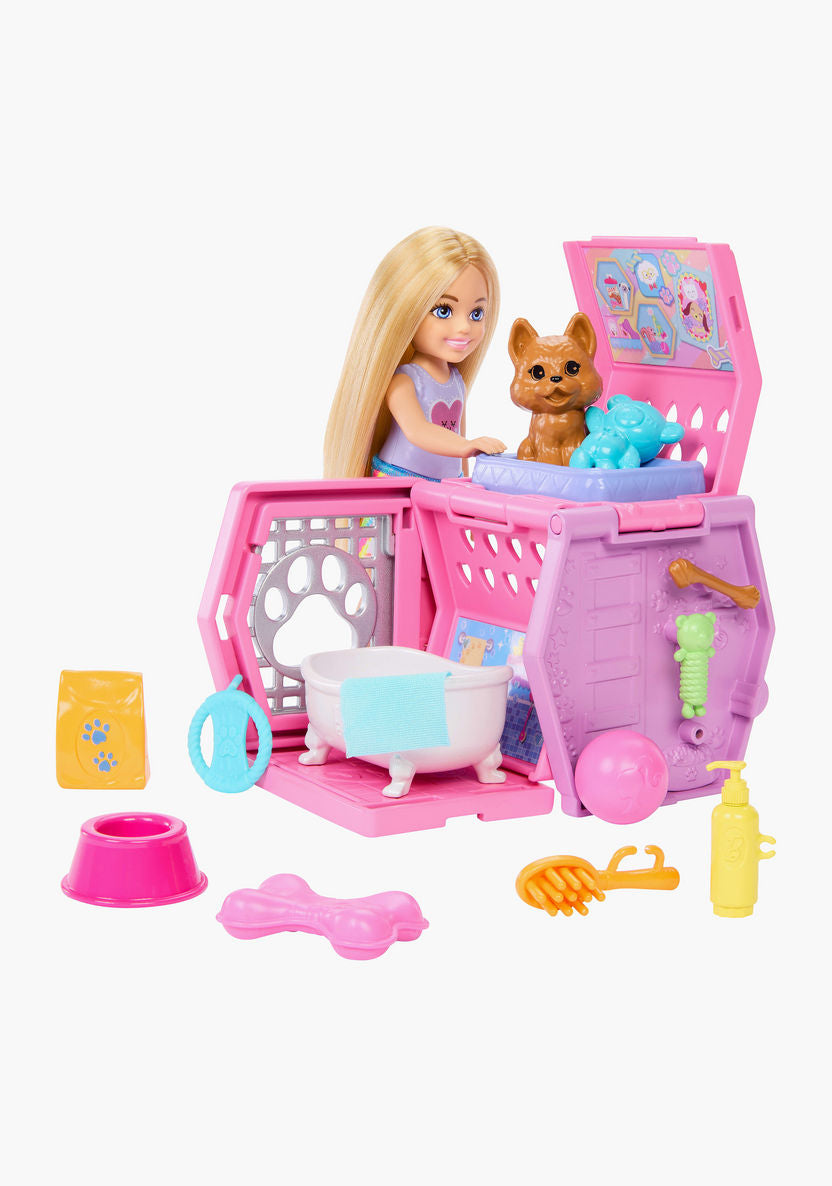 Barbie Club Chelsea Fashion Doll Playset with Puppy, Transforming Carrier, Grooming Accessories & Removable Skirt, Role-Play Toy for Kids 3+